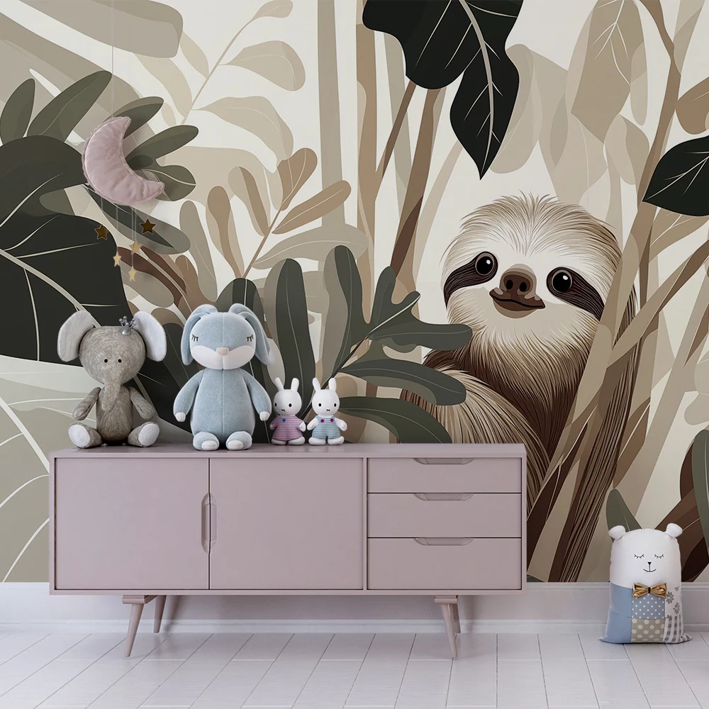 Tapet barnerom | Smilende dovendyr i en beige jungel