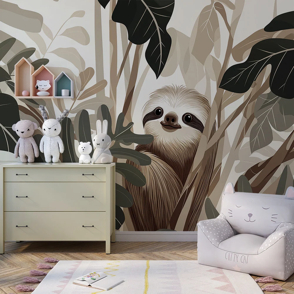 Tapet barnerom | Smilende dovendyr i en beige jungel