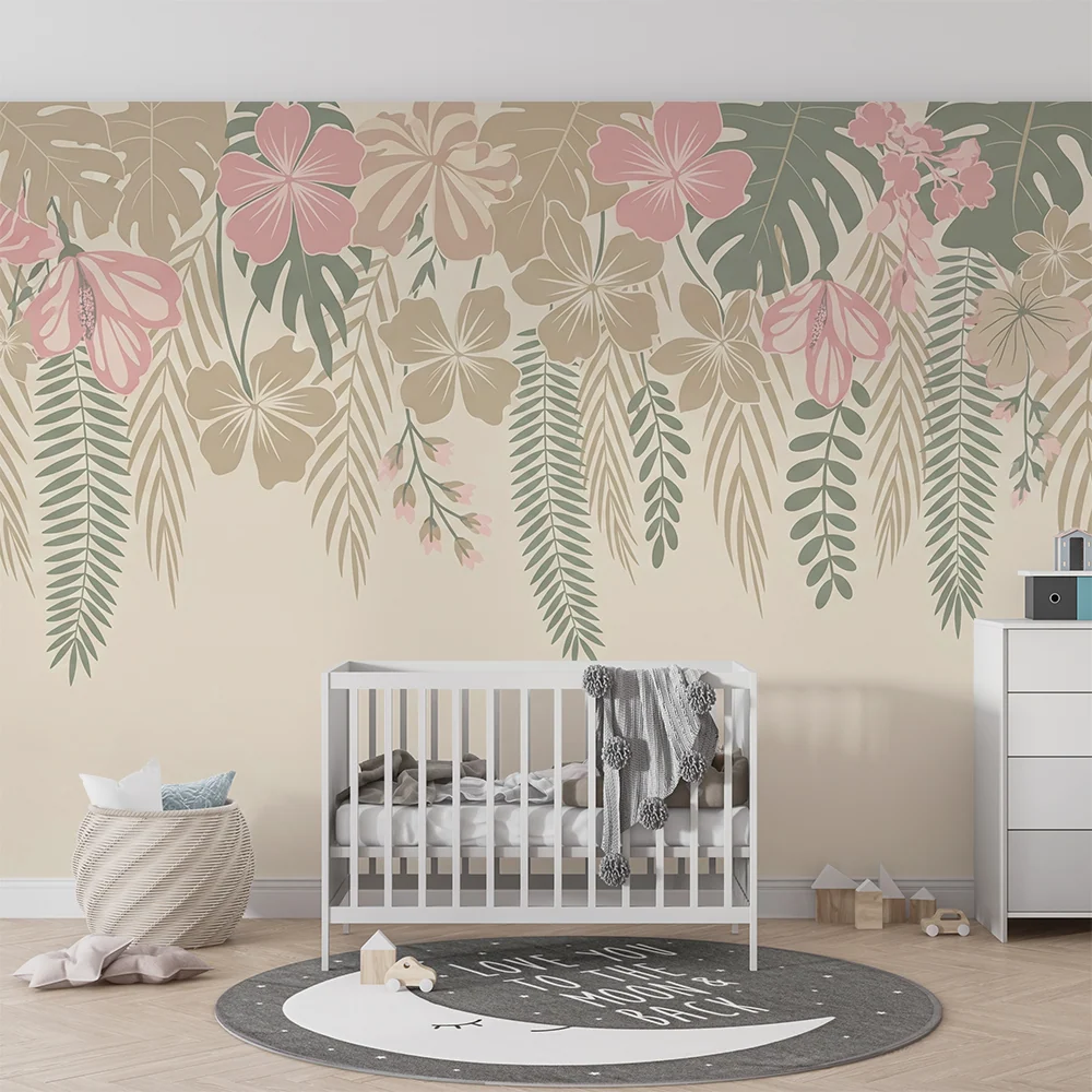 Tapet barnerom | Tropiske blomster og delikat løvwerk