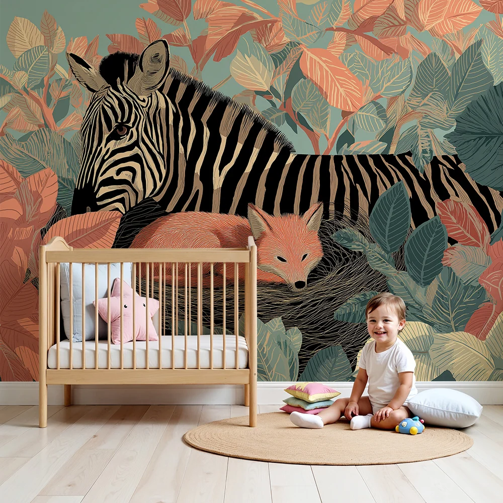 Tapet barnerom | Zebra og rev midt i en fargerik jungel