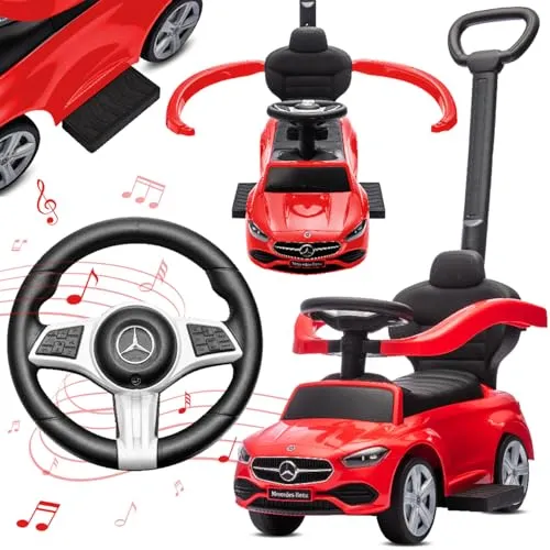 Gåbil med skyvestang, lydratt og fotstøtter, rød Mercedes C-Class sklep sun baby