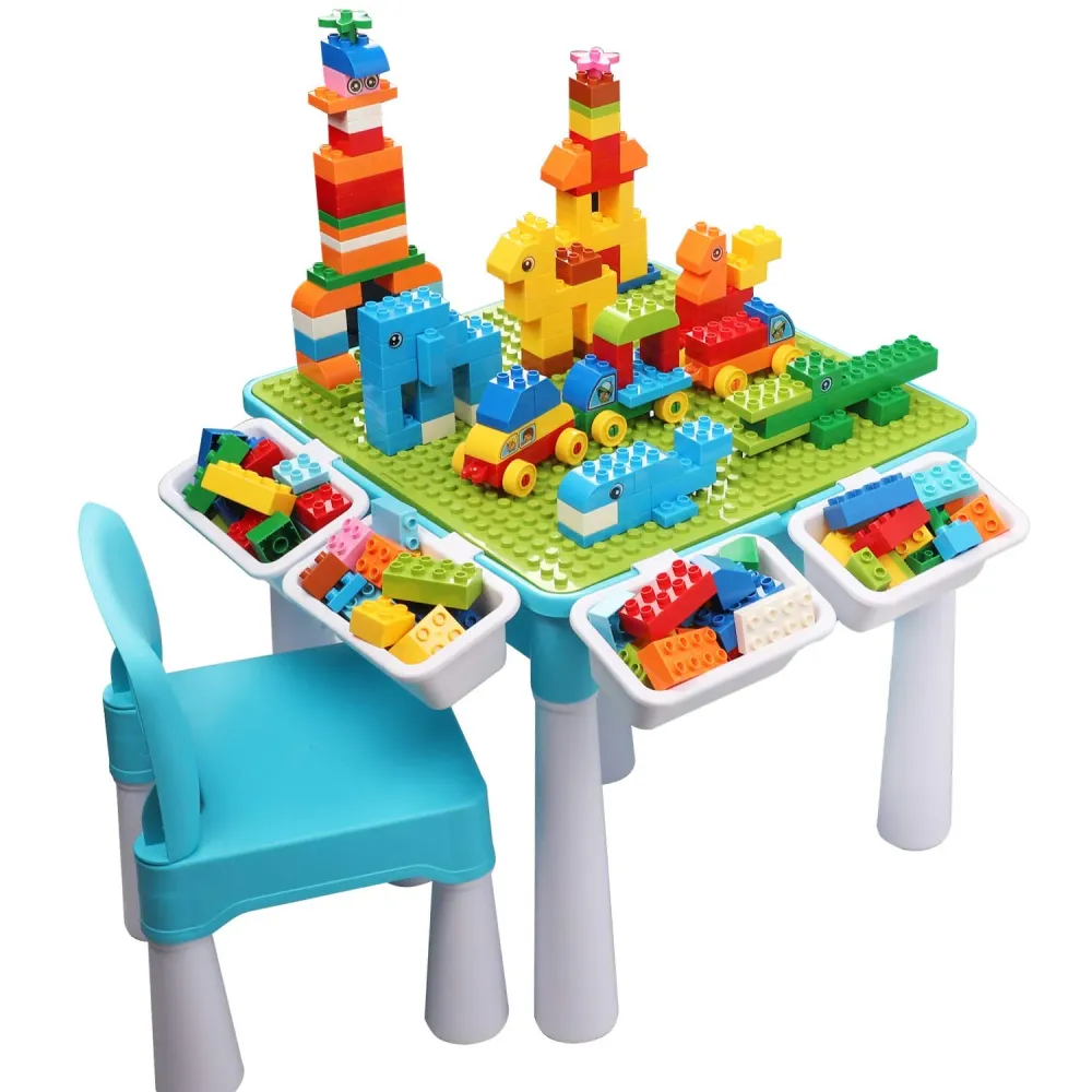 Aktivitetsbord Barn 45cm 45x45x43cm, 128 Klosser, Blå – Burgkidz W-LX.A921-F