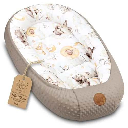 Babynest 90x50cm, varm og justerbar, bomull/minky, sovende bjørn khaki Totsy Baby