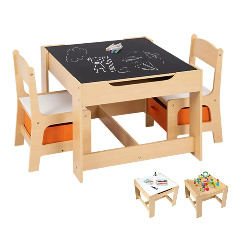 Barnebord Og Stoler 2-i-1 Med Oppbevaring 62x62x48cm COSTWAY BB4827DE