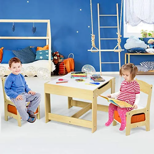 Barnebord Og Stoler 2-i-1 Med Oppbevaring 62x62x48cm COSTWAY BB4827DE