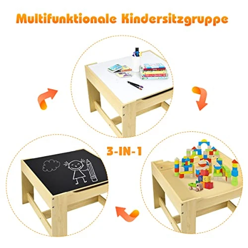Barnebord Og Stoler 2-i-1 Med Oppbevaring 62x62x48cm COSTWAY BB4827DE