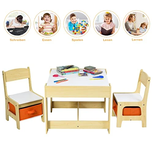 Barnebord Og Stoler 2-i-1 Med Oppbevaring 62x62x48cm COSTWAY BB4827DE