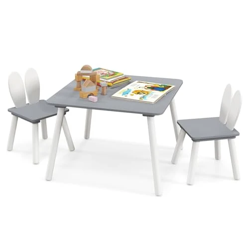 Barnemøbler Bord Og 2 Stoler 62x62x43cm, Kaninrygg, Grå COSTWAY HY10103GRDE