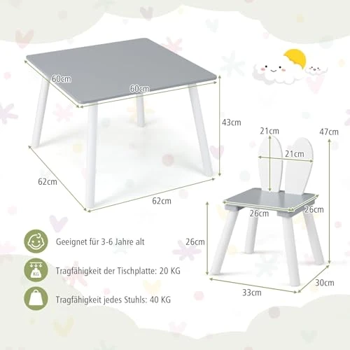 Barnemøbler Bord Og 2 Stoler 62x62x43cm, Kaninrygg, Grå COSTWAY HY10103GRDE