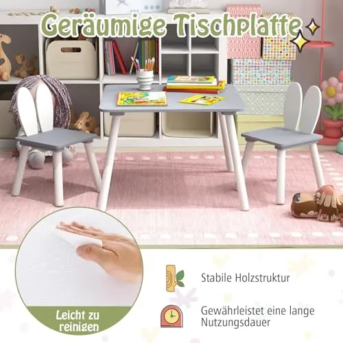 Barnemøbler Bord Og 2 Stoler 62x62x43cm, Kaninrygg, Grå COSTWAY HY10103GRDE
