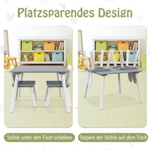 Barnemøbler Bord Og 2 Stoler 62x62x43cm, Kaninrygg, Grå COSTWAY HY10103GRDE