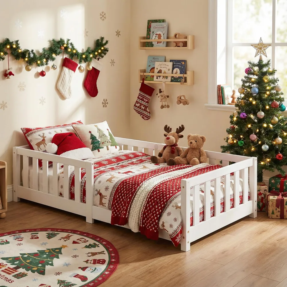 Barneseng 80x160cm Med Sengehest, Gulvseng I Furu, Hvit – Ecomi FRNCB02