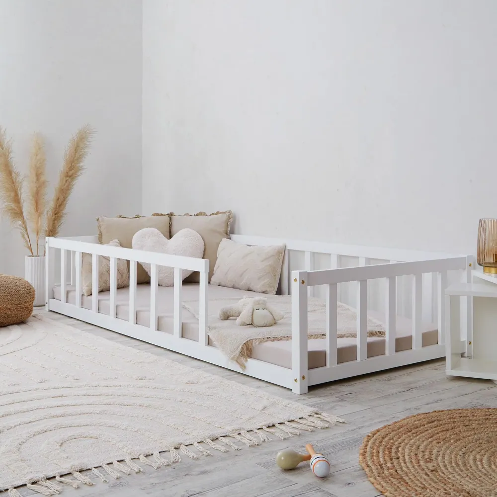 Barneseng 90x200cm Montessori Med Sengehest, Hvit – Homestyle4u 2523
