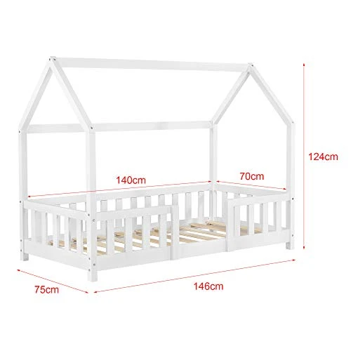 Barneseng Husform 70x140cm Med Sengehest, Furu, Hvit [En.casa]