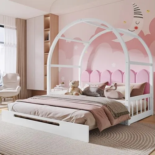 Barneseng uttrekkbar 140x200cmed tak og rosa hodegavl i tre – HAINEW