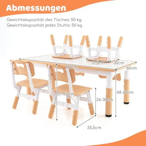 Barnesett bord og 4 stoler 120x60x60cm, høydejusterbart aktivitetsbord – COSTWAY TK32391DE