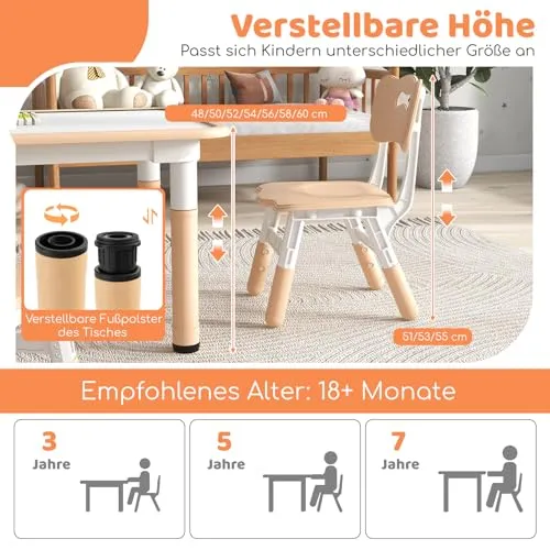Barnesett bord og 4 stoler 120x60x60cm, høydejusterbart aktivitetsbord – COSTWAY TK32391DE