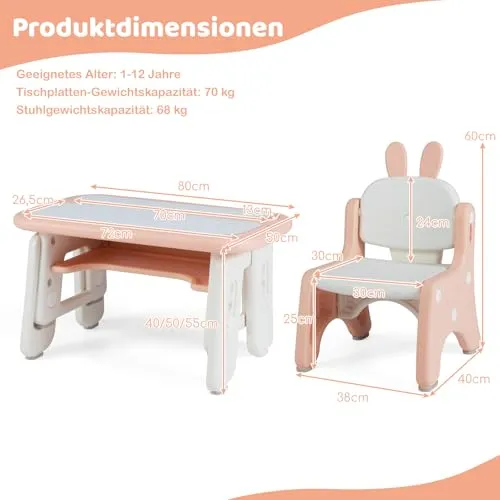 Barneskrivebord 80x50x45-55cm Med Stol Og Oppbevaring COSTWAY CU-E3RC-B92