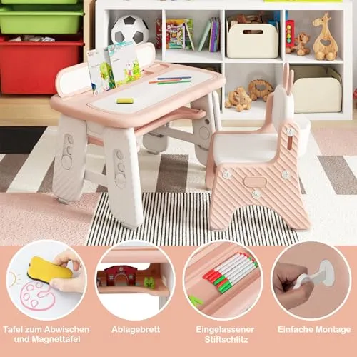 Barneskrivebord 80x50x45-55cm Med Stol Og Oppbevaring COSTWAY CU-E3RC-B92