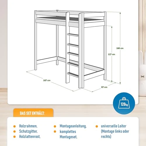 Loftseng 80x160cm i furu med sengehest og stige, hvit – MEBLE WRÓBEL ANTRE-160X80-B-160