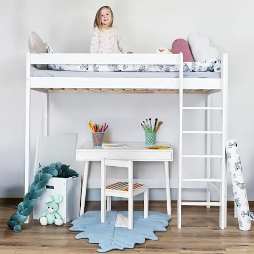 Loftseng 80x160cm i furu med sengehest og stige, hvit – MEBLE WRÓBEL ANTRE-160X80-B-160