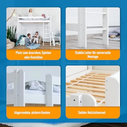 Loftseng 80x160cm i furu med sengehest og stige, hvit – MEBLE WRÓBEL ANTRE-160X80-B-160