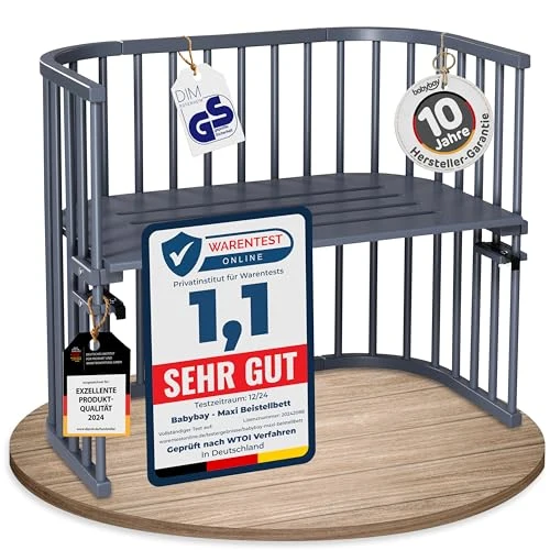 Sprinkelseng Stor Bedside Crib I Bøk, Grå, Høydejusterbar – Babybay Maxi