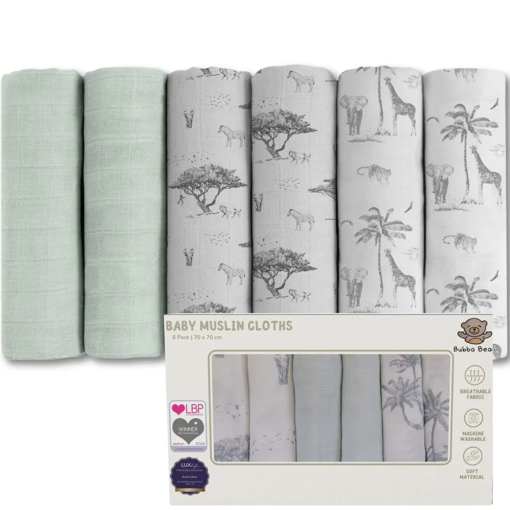 Babykledekluter 70x70cm Muslin 6-pack, Bomull, Safari – Bubba Bear BBMUSL01